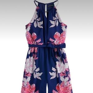 My Michelle pantsuit girls size M. Navy with pink flowers.